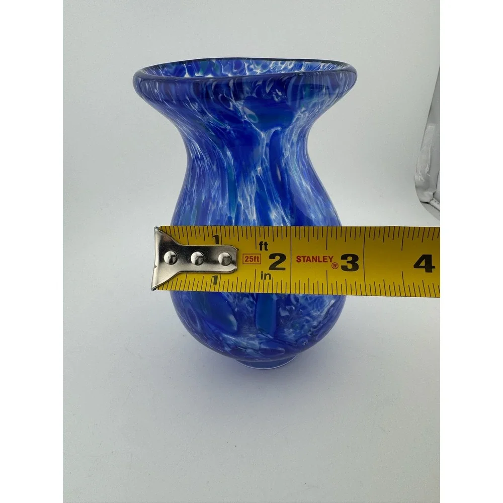 Blue Art Glass Vase Swirl‎ Design Round Home Decor Unique Small Vase